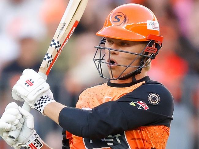 PERTH, AUSTRALIA - DECEMBER 26: Cooper Connolly of the Scorchers plays his shot during the BBL match between Perth Scorchers and Brisbane Heat at Optus Stadium, on December 26, 2024, in Perth, Australia. (Photo by James Worsfold/Getty Images)