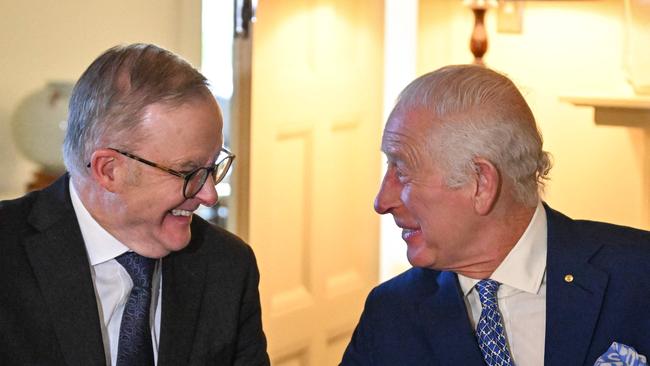 Britain’s King Charles III and Australia’s Prime Minister Anthony Albanese sign royal warrants granting the Great Seal of Australia at Government House in Canberra on October 21, 2024. Picture: Saeed KHAN / POOL / AFP