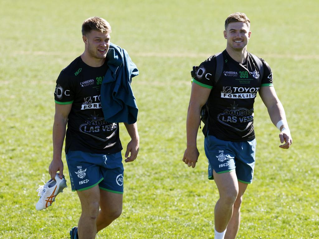 Raiders players Morgan Smithies (left) and Hudson Young arriving at their training session at Kellogg Zaher Field in Las Vegas. Picture: Jonathan Ng