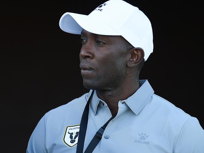 MACKAY, AUSTRALIA - JULY 30: Macarthur FC coach Dwight Yorke looks on during the Australia Cup Rd of 32 match between Magpies Crusaders United and Macarthur FC at BB Print Stadium on July 30, 2022 in Mackay, Australia. (Photo by Albert Perez/Getty Images)