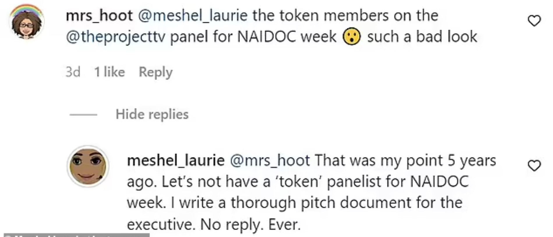 Former '<i>The Project</i>' presenter Meshel Laurie said the show's NAIDOC Indigenous contributors was a tokenistic gesture.