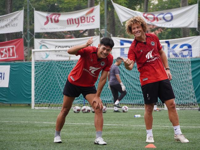 Blake Ricciuto (right) at training for his club. Picture: Tanjong Pagar United