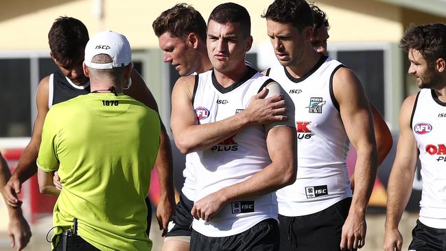 PAINFUL: Port’s Tom Rockliff was feeling shoulder pain at training way back in March. Picture: Sarah Reed.