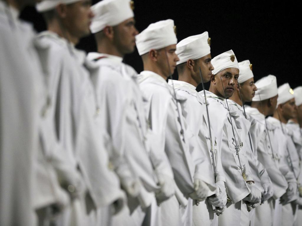 An Honour Guard prepares for the arrival of Britain's Prince Harry and Meghan Duchess of Sussex, at the Casablanca Airport. Picture: AP