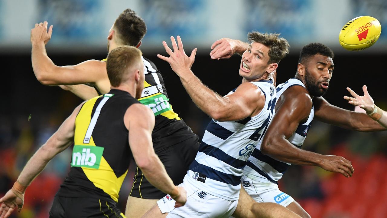 Tom Hawkins was denied the space he has so often had for much of the season (Photo by Matt Roberts/AFL Photos/via Getty Images).