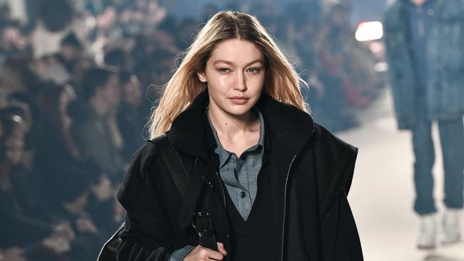 Hadid at Paris Fashion Week before dying her hair platinum blonde. Picture: Stephane De Sakutin/AFP