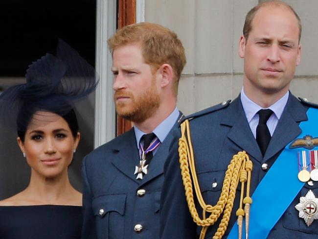 Meghan Markle, Prince Harry and Prince William, pictured together in 2018. The brothers have not seen each other in private for ‘six months’, sources told The Sun. Picture: AFP