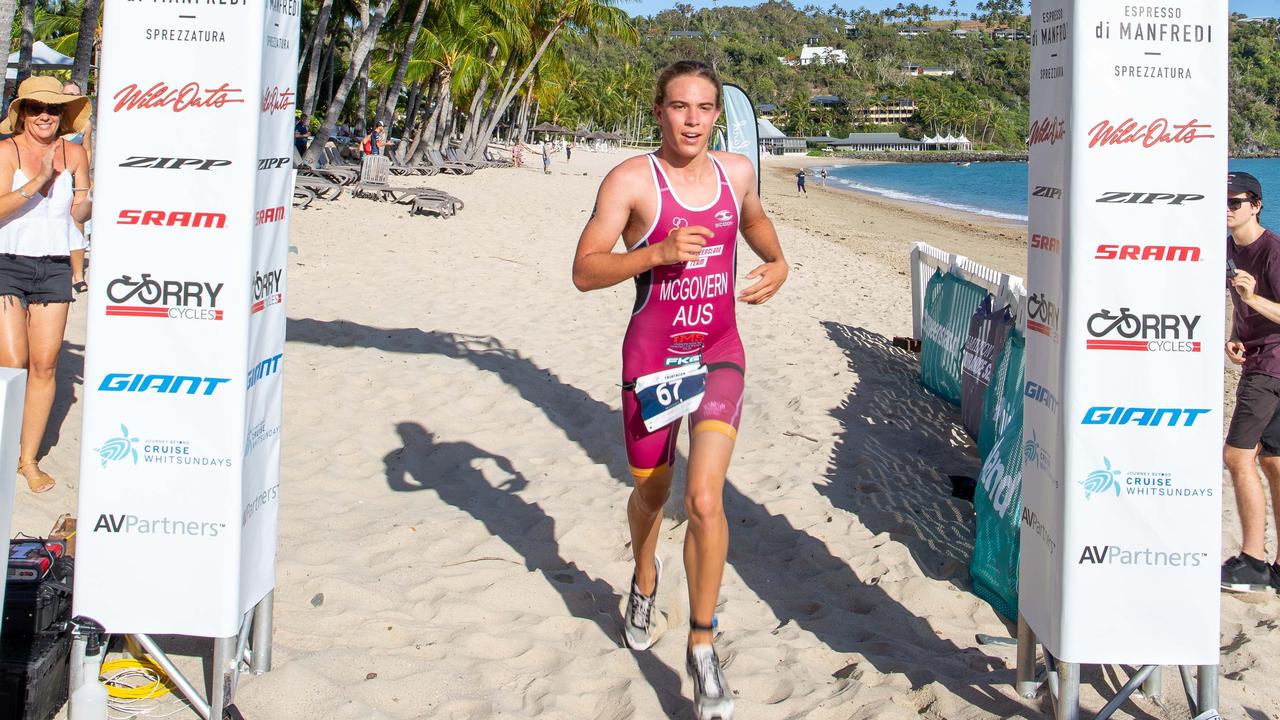 Hunter McGovern crossed the finish line first in the men's division of the Hamilton Island Triathlon. Picture: Supplied