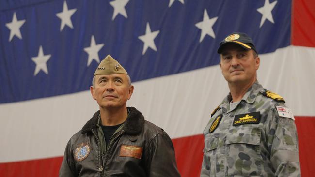 US Navy Admiral Harry Harris (l) and Australian Navy Vice Admiral David Johnston during Talisman Saber 2017, a biennial joint military exercise. Picture: AAP