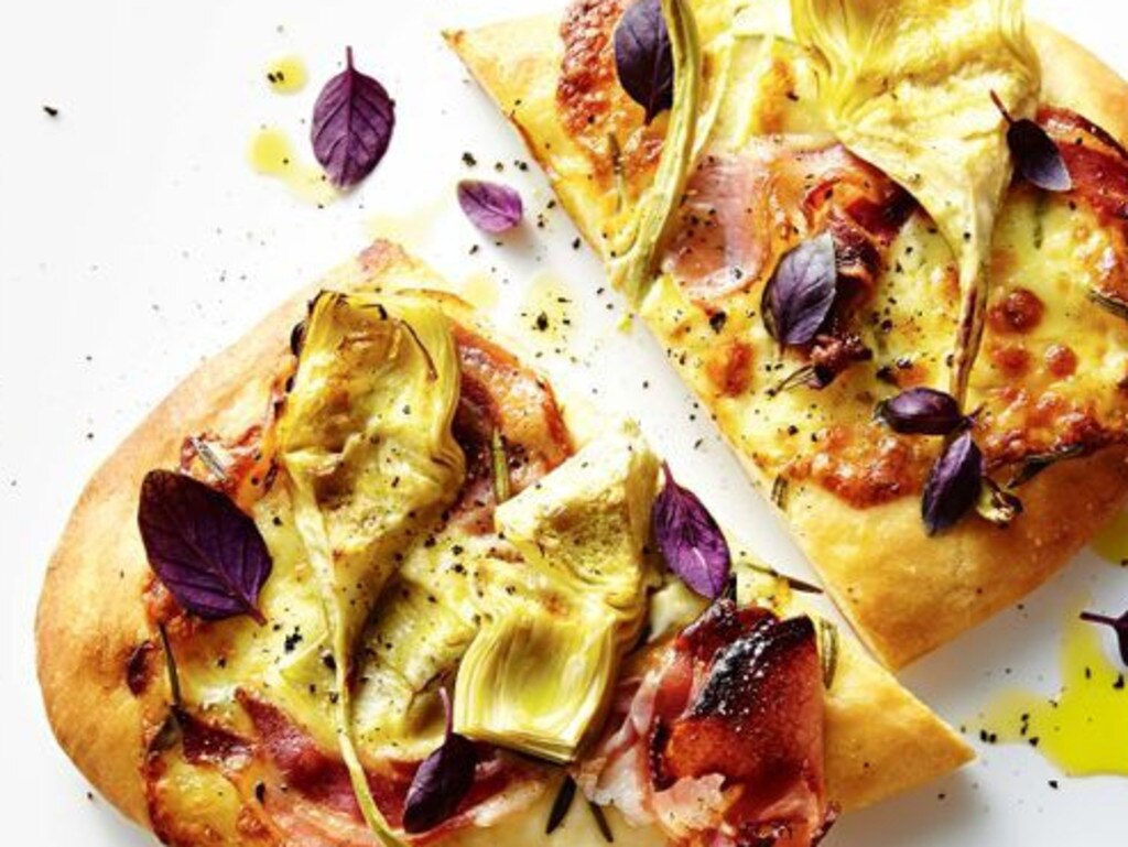 Pizzettes bianco with marinated artichokes.