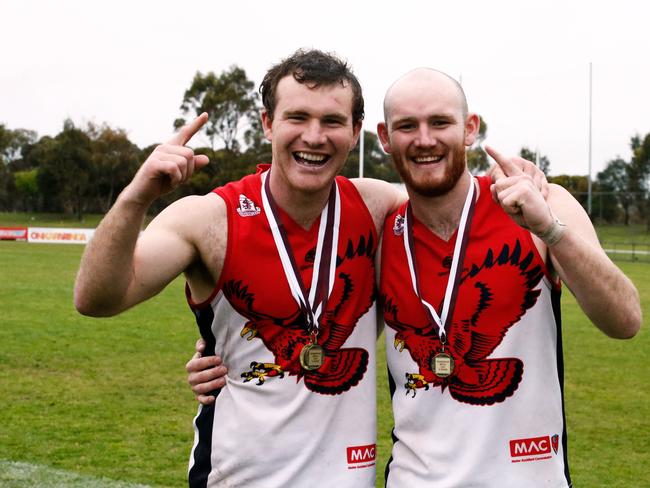 Brothers Michael and Andrew Shearer celebrate Flagstaff Hill’s win over Morphett Vale at Hickinbotham Oval. Picture: Matt Loxton.