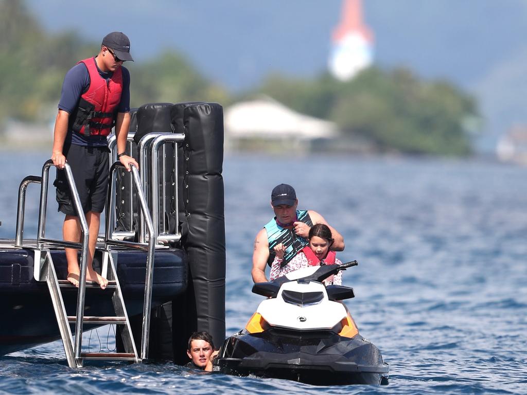 Karl Stefanovic and girlfriend Jasmine Yarbrough were spotted holidaying in Bora Bora with James Packer and his kids, aboard his luxury yacht Arctic P. They were also accompanied by a group of friends, including a mystery brunette, who is pictured sitting next to a visibly larger James Packer. Picture: Backgrid