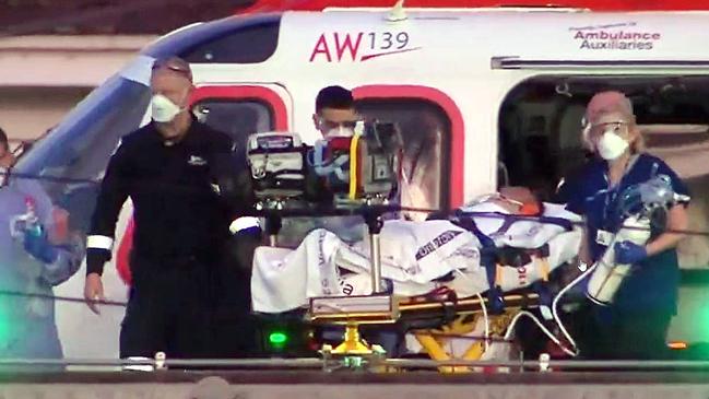 A man arrives at the Alfred Hospital in a critical condition after an incident in Corio. Picture: Channel 7