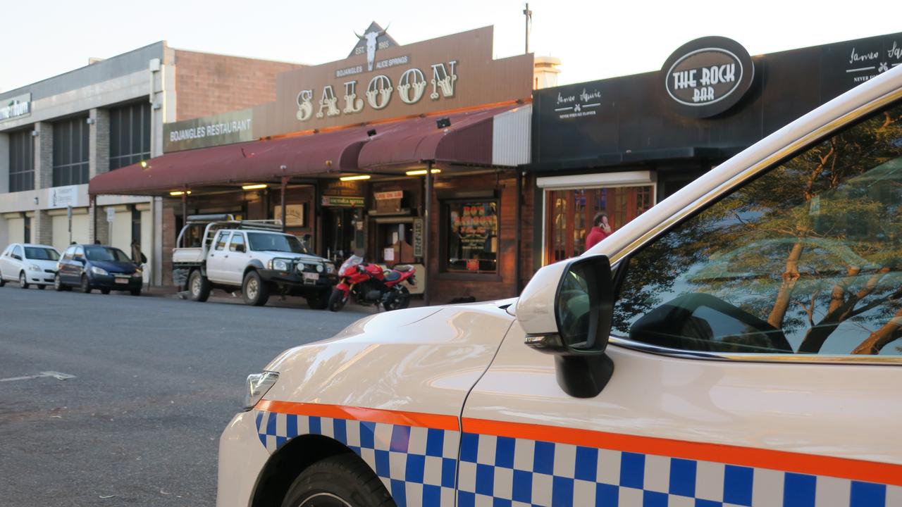 A Northern Territory police vehicle out the front of Rock Bar and Bojangles Saloon in Alice Springs, July 8, 2024. Northern Territory police suspended the liquor license of two licensed premises on Todd Street on July 8, 2024. Picture: Gera Kazakov