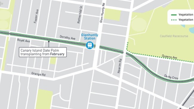 The vegetation removal map for level crossing removals in Glen Huntly. Picture: supplied, LXRA