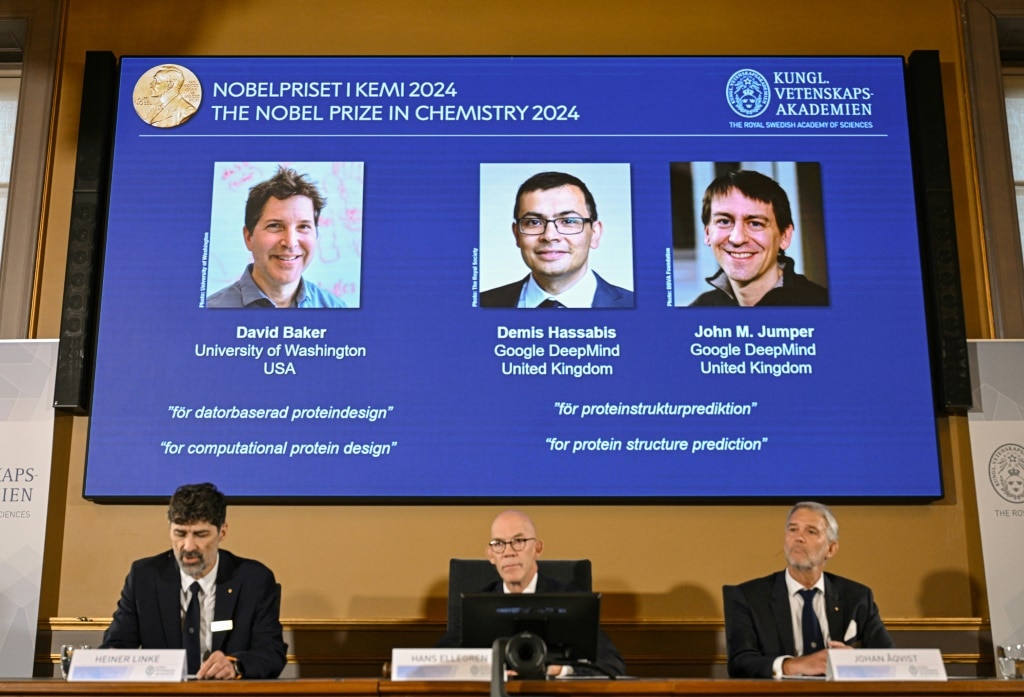 Americans David Baker and John Jumper, together with Briton Demis Hassabis, won the chemistry Nobel for cracking the code behind the structure of proteins, the building blocks of life