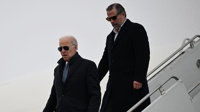 US President Joe Biden, with son Hunter Biden, arrives at Hancock Field Air National Guard Base in Syracuse, New York, in February.