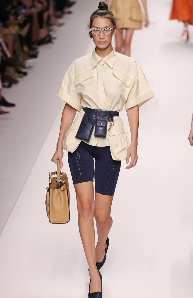 Bike shorts went high-fashion in 2018, as seen on Bella Hadid walking the runway for Fendi. Picture: Getty Images