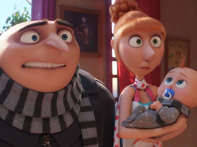 (from left) Gru (Steve Carell), Lucy (Kristen Wiig) and Gru Jr. in Despicable Me 4, directed by Chris Renaud.