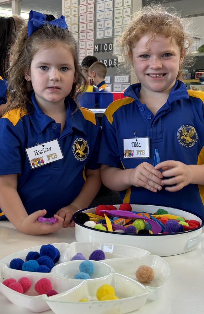 Harlow Heywood and Tilda O'Toole during their first week of prep at Bourchier St Primary School in Shepparton. Picture. Abby Walter