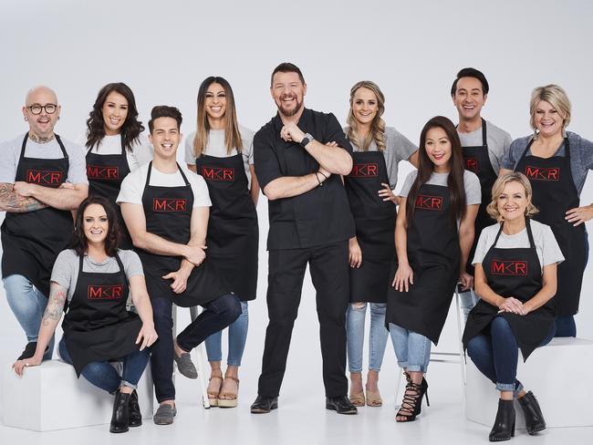 Manu Feildel mentors the house of 'faves' in the new season of My Kitchen Rules. Teams, from left, Dan and Steph, Jake and Elle, Roula and Rachael, Sophie and Romel and Jac and Shaz. Picture: Supplied by Channel 7.