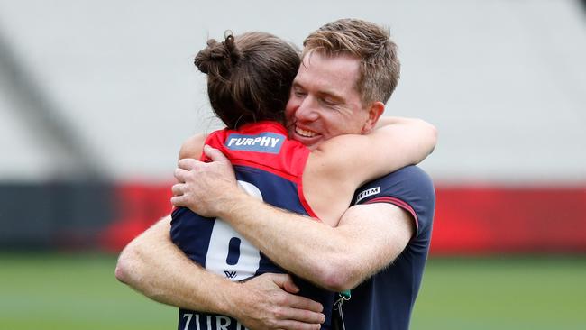 Mick Stinear coaches game number 50 in the AFLW grand final. Picture: Getty Images