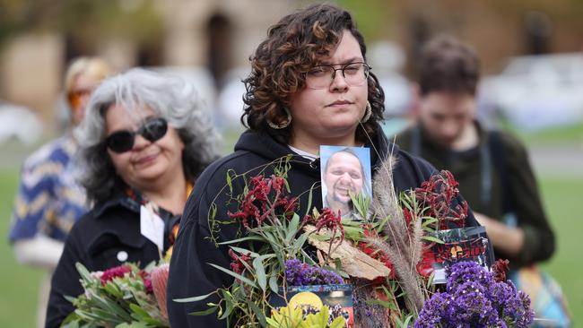 Latoya Rule, Sister of Wayne Fella Morrison, at a call to action in Victoria Square, Adelaide. NCA NewsWire / David Mariuz