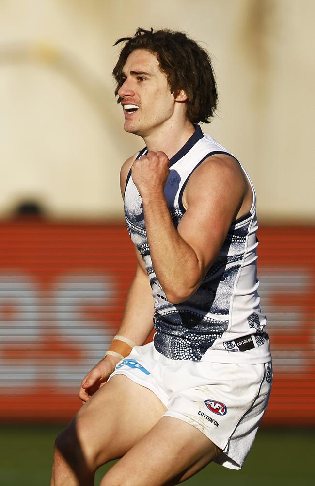 GEELONG, AUSTRALIA – MAY 28: Gryan Miers of the Cats celebrates kicking a goal during the round 11 AFL match between the Geelong Cats and the Adelaide Crows at GMHBA Stadium on May 28, 2022 in Geelong, Australia. (Photo by Daniel Pockett/AFL Photos/Getty Images)