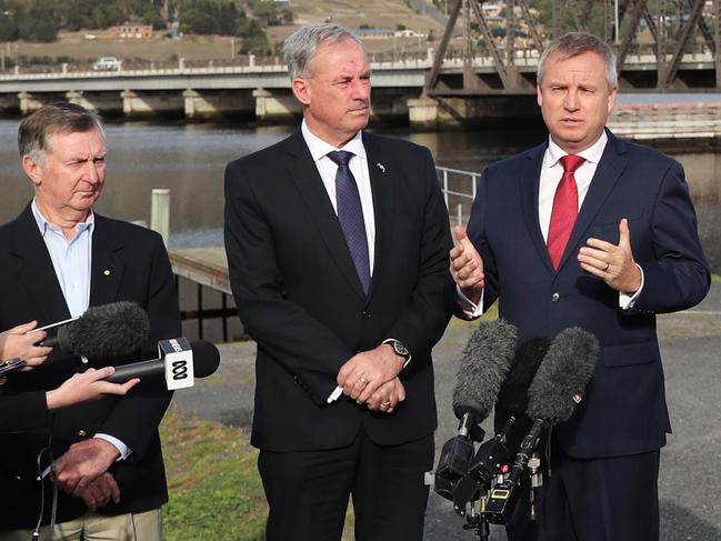 (L-R) Brighton Mayor Tony Foster, Senator Richard Colbeck and Education Minister Jeremy Rockliff. Picture: LUKE BOWDEN