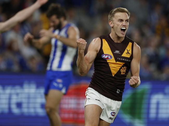 MELBOURNE , AUSTRALIA. April 20 , 2024. AFL Round 6. North Melbourne vs Hawthorn at Marvel Stadium. Harry Morrison of the Hawks during the 2nd qtr. . Pic: Michael Klein