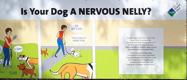 One South Australian council has installed special signs to help dog owners better understand their pet's behaviour. Now a leading Brisbane trainer wants Brisbane to do the same. Image: www.doggiedrawings.net 