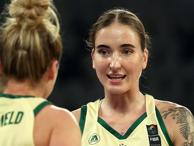 MELBOURNE, AUSTRALIA - JULY 05: Anneli Maley of Team Australia reacts during the 3x3 game between Australia and China at John Cain Arena on July 05, 2024 in Melbourne, Australia. (Photo by Kelly Defina/Getty Images)