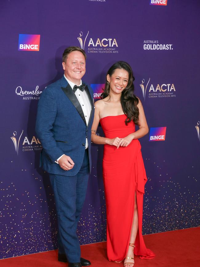 Darren Purchase and Natalie Tran arrive on the Red Carpet at the 2024 Aacta Awards at HOTA on the Gold Coast. Picture: Glenn Campbell
