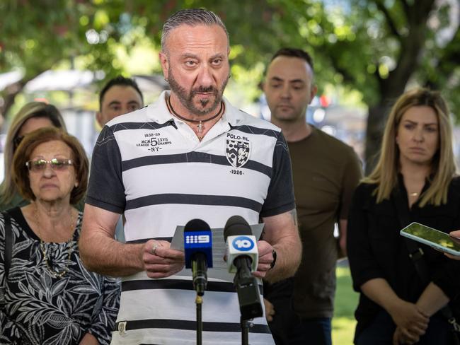 ADELAIDE, AUSTRALIA - NewsWIRE Photos OCTOBER 10, 2023: Dino De leso speaks to media on behalf of the De leso family outside the District court, today about the trial of eight bikie-linked men accused of the shooting murder of Jason De Ieso.  Picture: NCA NewsWIRE / Emma Brasier