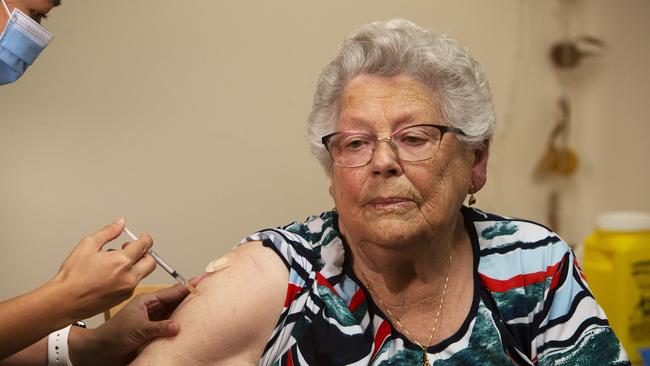 Rembrandt Aged Care resident Margje Ketellapper, 90, receives the Pfizer Vaccine at Oaklands Park, South Australia. Picture: Emma Brasier