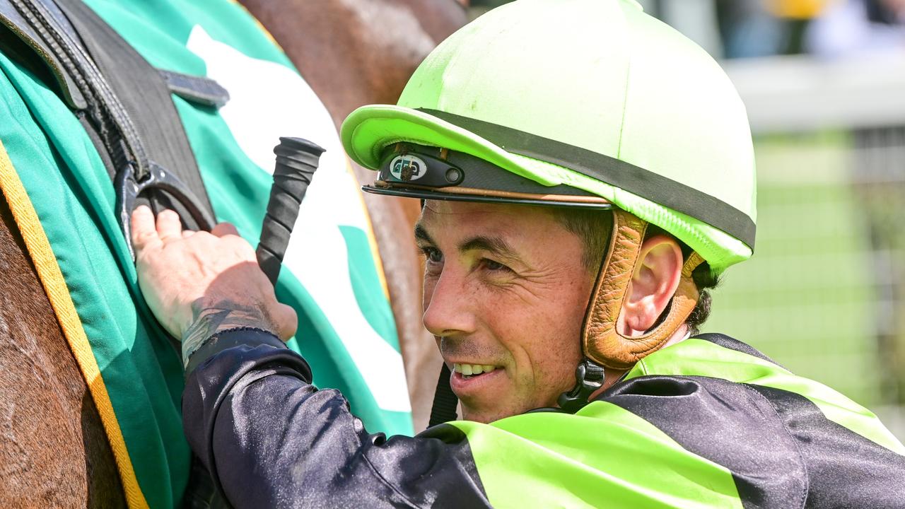 Dean Holland after winning the Ords Motorcycles Maiden Plate at Ararat Racecourse on April 20, 2023 in Ararat, Australia. (Brendan McCarthy/Racing Photos via Getty Images)