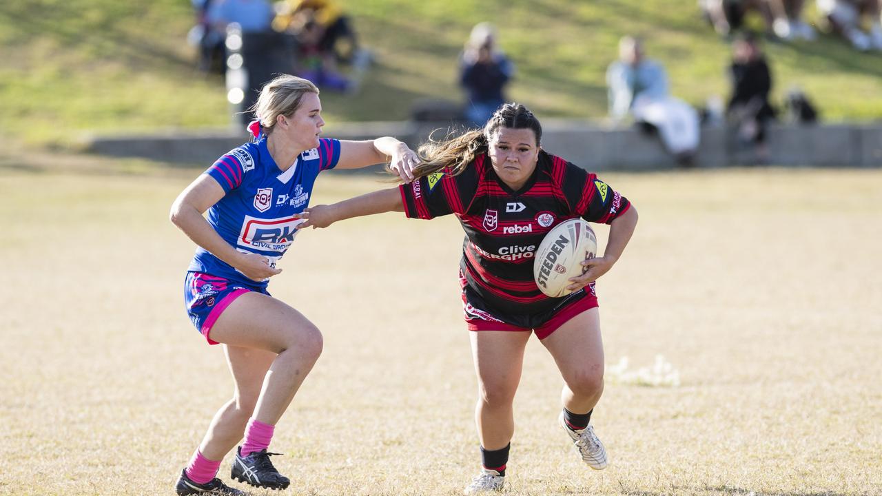 Paige Edwards (left) for Newtown and Mardi-Leigh Rolls of Valleys in TRL womens competition round four rugby league at Jack Martin Centre. Picture: Kevin Farmer