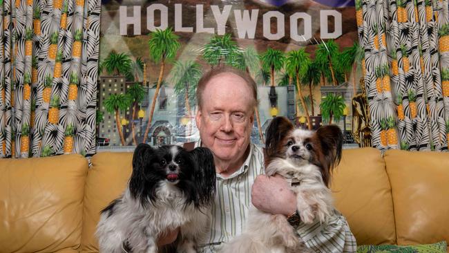 Leon Byner at his home with his dogs Freckle and Bounty. Picture: Naomi Jellicoe