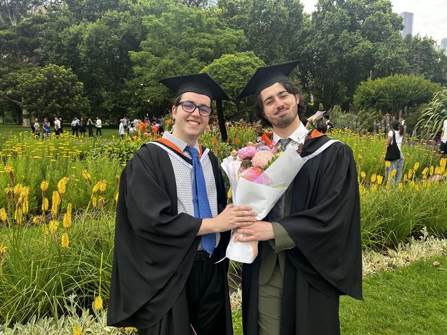 Alexi O’Keefe and Jacques Cooney Adlard graduate with Bachelors of Design at the University of Melbourne's Faculty of Architecture, Building and Planning graduation ceremony at the Royal Exhibition Building on December 6, 2024. Picture: Harvey Constable