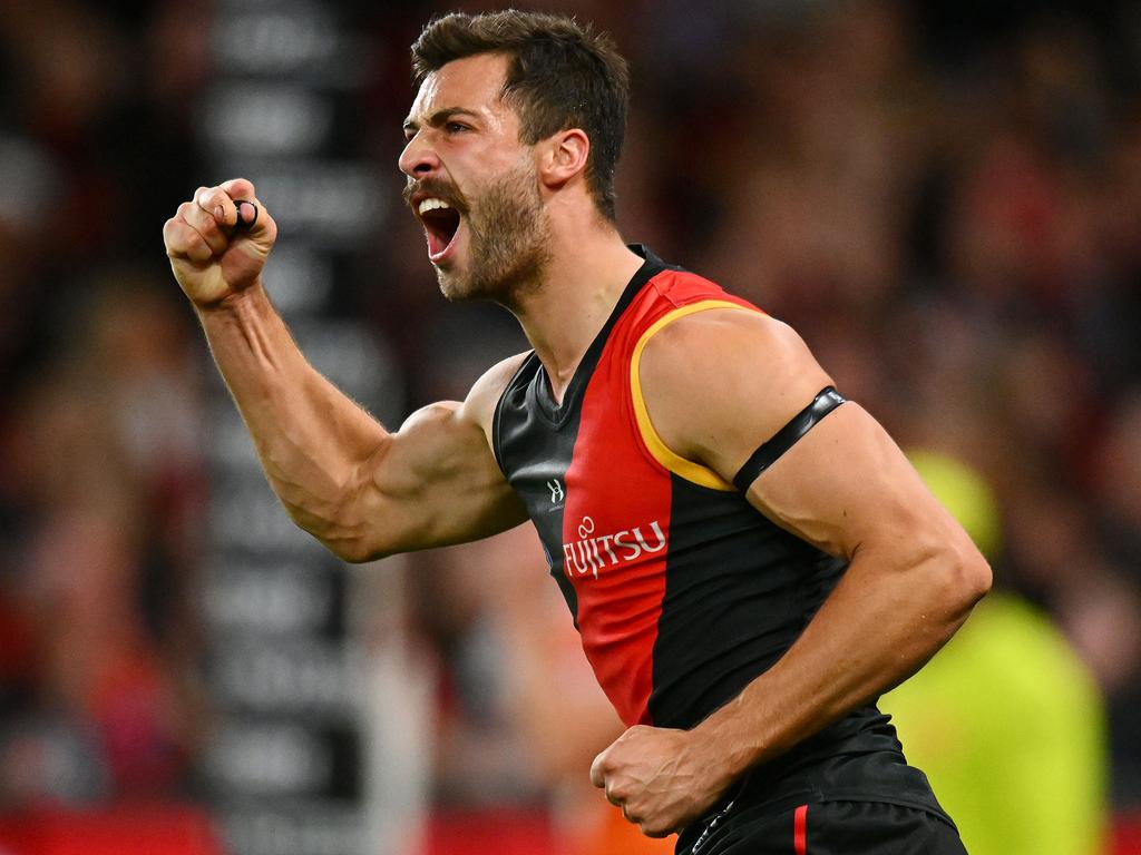 MELBOURNE, AUSTRALIA - MAY 11: Kyle Langford of the Bombers celebrates a goal during the round nine AFL match between Essendon Bombers and Greater Western Sydney Giants at Marvel Stadium, on May 11, 2024, in Melbourne, Australia. (Photo by Morgan Hancock/AFL Photos/via Getty Images)