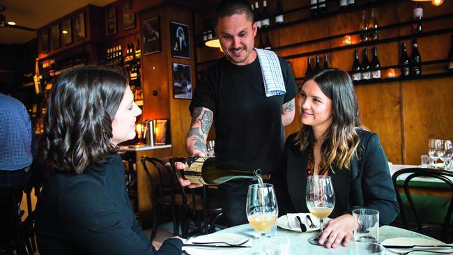 Alexandra Payne, right, and a friend at Johnny Fishbone Wine Parlour, Sydney. Picture: Melinda Hird