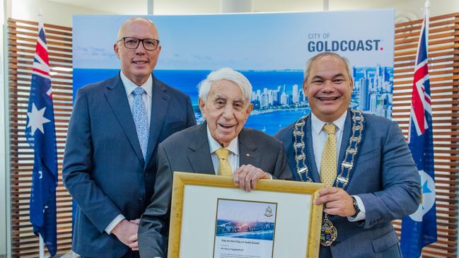 Meriton founder Harry Triguboff with Opposition Leader Peter Dutton and Gold Coast Mayor Tom Tate after receiving the keys to the city. Picture: Supplied