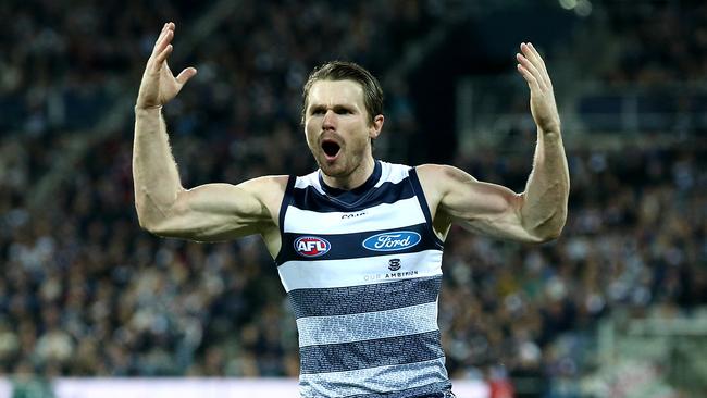 Patrick Dangerfield celebrates the opening goal. Pic: Michael Klein.
