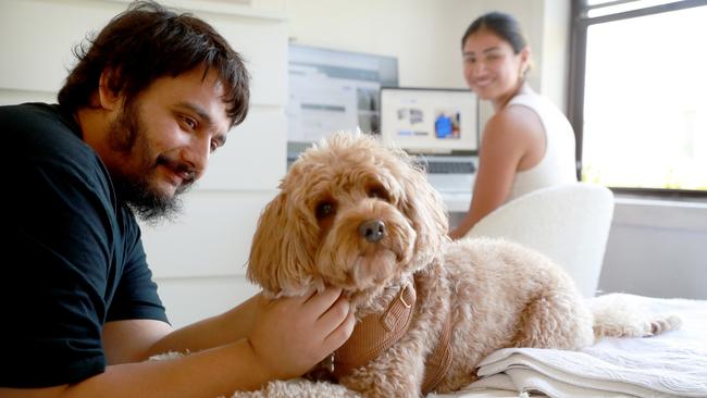 Michael Chandola, with little JC the cavoodle, is completing a “feed my dog” task for Airtasker as owner Stephanie Cruz works on her computer. Picture: Jeff Darmanin