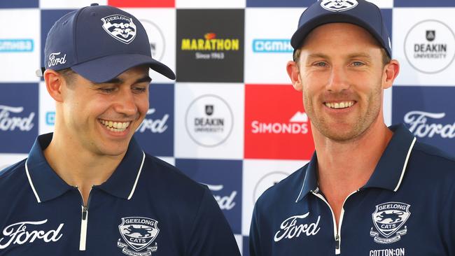 Cats Oisin Mullin and Jed Bews speaking at a press conference at Moriac Primary School as part of Geelong's community camp. Picture: Alison Wynd