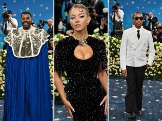 Actor Colman Domingo, Actor Sydney Sweeney and musician Pharrell Williams walk the 2025 Met Gala carpet.