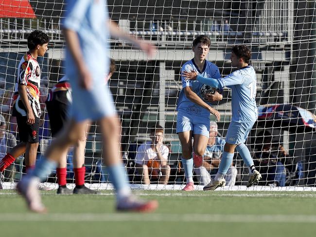 Ben Duroux scores for NSW. Picture: Michael Gorton. U16 Boys NAIDOC Cup at Lake Macquarie Regional Football Facility.