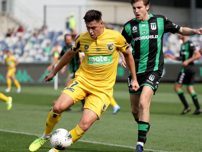 Central Coast’s Lewis Miller in action against Western United.