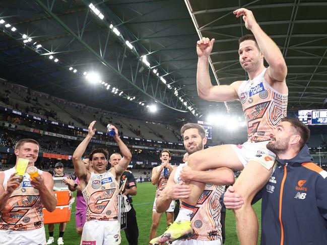 Toby Greene gets chaired off Marvel Stadium. Picture: James Wiltshire/AFL Photos