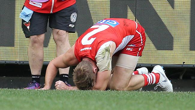 Alex Johnson after suffering another serious knee injury. Picture: Michael Klein